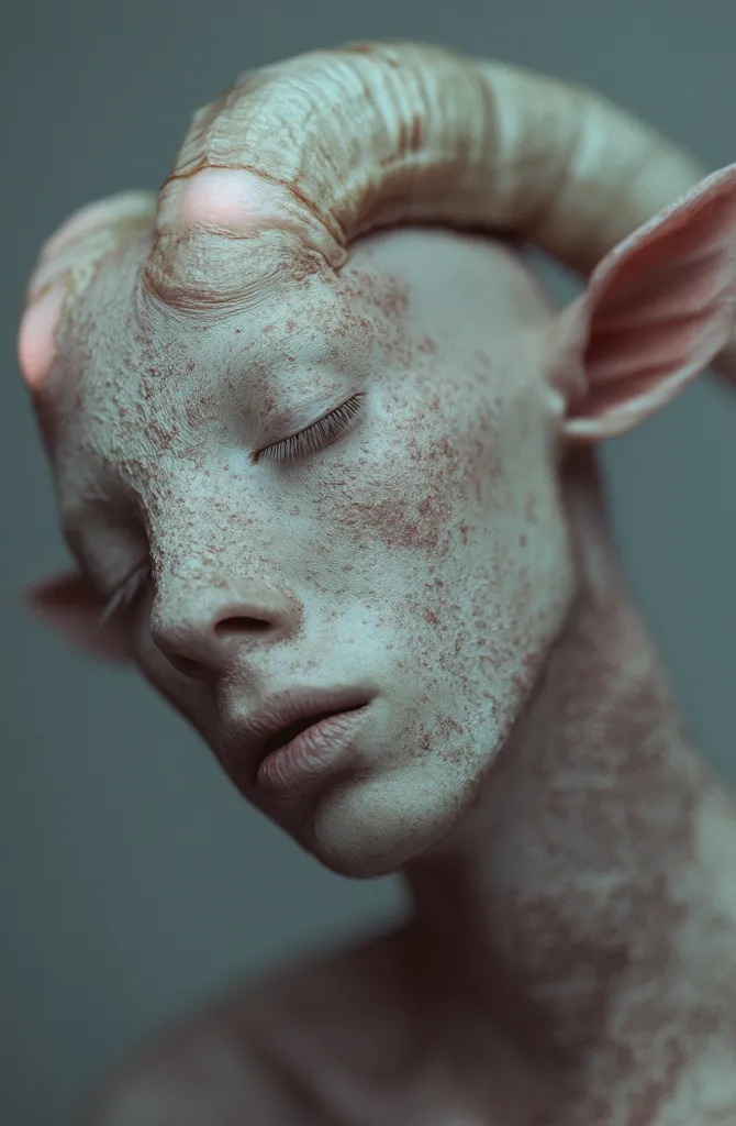 The image shows a close-up of a person with pale skin and a single horn, their eye is closed and their expression is serene. Their skin is covered in a multitude of small, raised bumps, giving it a textured and almost otherworldly appearance. The image is lit in a way that creates a soft, ethereal atmosphere. The horn is pale and curved, and it looks like it might be made of bone. The person's hair is not visible, but their ears are large and pointed, suggesting they may be a creature of fantasy or mythology. The image evokes a sense of mystery and wonder, leaving the viewer to imagine the person's story and origins.