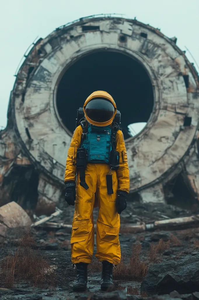A lone astronaut in a bright yellow spacesuit stands in front of a large, circular, ruined structure. The astronaut's helmet is facing forward, their expression is obscured. The structure is partially destroyed, suggesting a past event. The scene is somber and atmospheric.  The image evokes a sense of exploration and isolation.