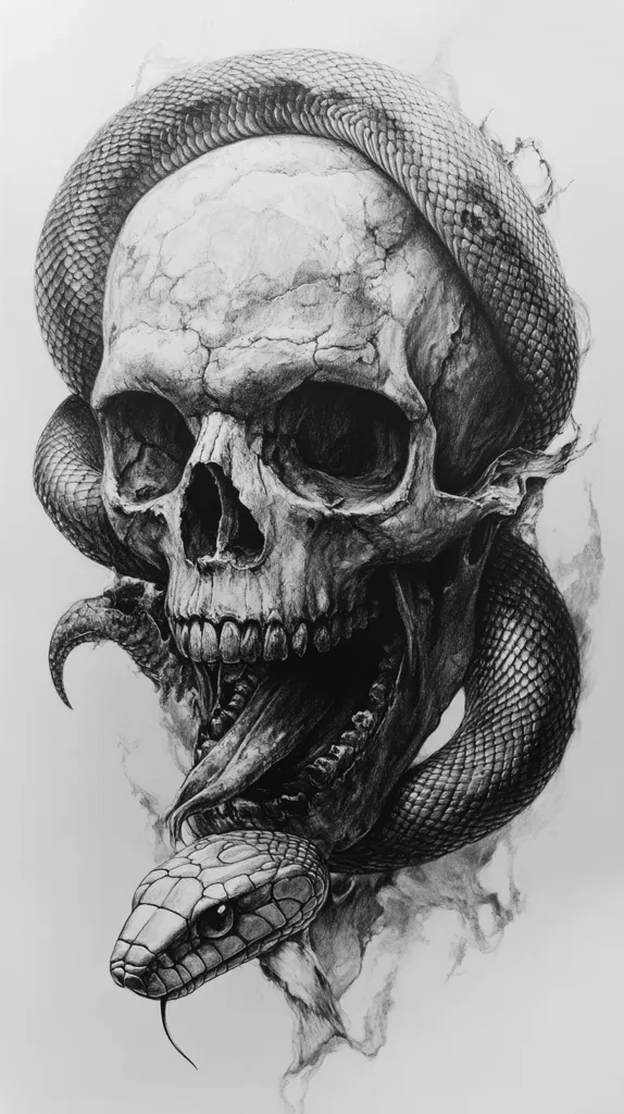A detailed pencil drawing of a human skull with a snake wrapped around it. The snake's head is in the foreground, looking directly at the viewer, while the rest of the snake's body is wrapped around the skull. The drawing is done in shades of gray, creating a sense of depth and realism. The overall image is a dark and slightly unsettling depiction of death and danger.