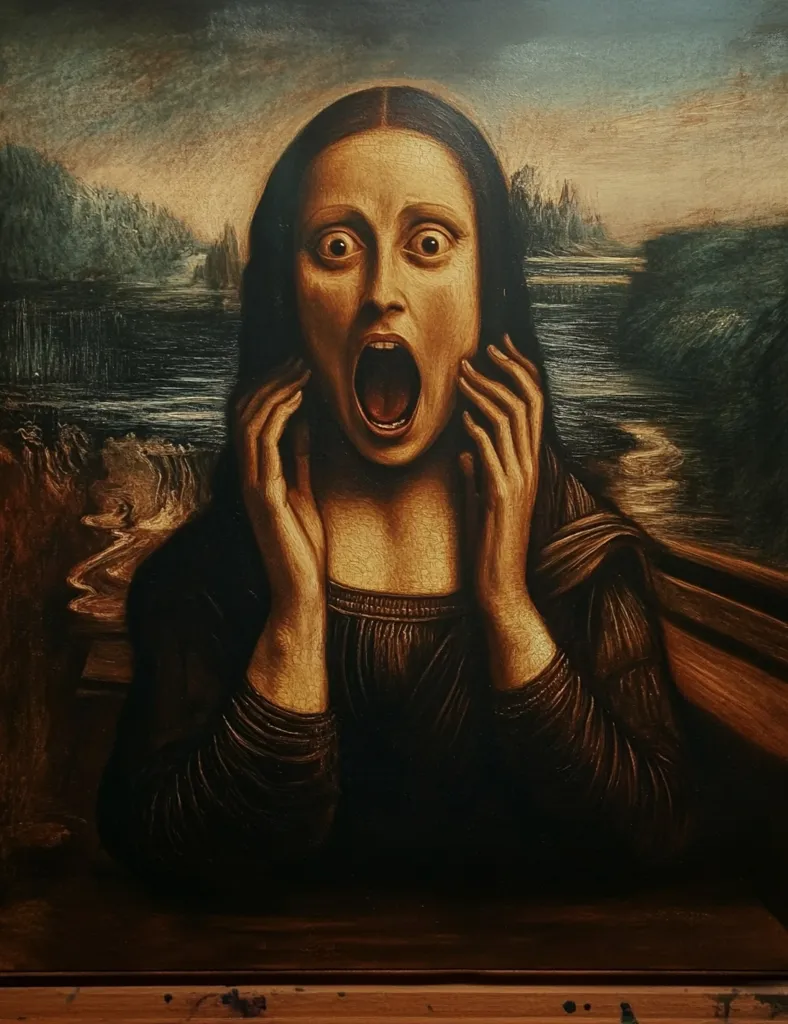 The painting depicts a woman with long dark hair, her face contorted in a scream. Her hands cover her ears as if to block out the sound. She is dressed in a dark garment. The background is a landscape with a body of water and trees, painted in muted tones. The overall impression is one of fear and anxiety. The woman's expression and the dark colors contribute to the sense of dread. The painting is a reimagining of Leonardo da Vinci's famous Mona Lisa, known as the "Mona Lisa Scream".