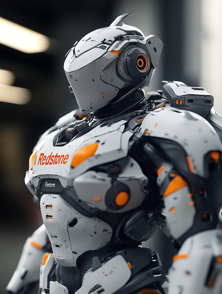 The image shows a futuristic robot wearing a white and orange suit with the word "Redstone" emblazoned on its chest. It has a sleek, metallic helmet with a visor and intricate details. The robot is standing in a blurry industrial setting, its gaze directed towards the left. The image evokes a sense of technological advancement and mystery.