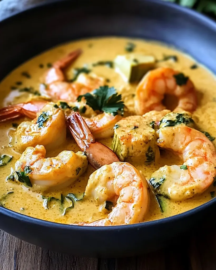 A black bowl brimming with a creamy, yellow curry.  Several plump, cooked shrimp are scattered throughout the curry, along with pieces of zucchini.  A sprig of fresh parsley adds a touch of green to the dish.  The bowl is resting on a wooden surface.  The dish appears to be a delicious and satisfying meal.