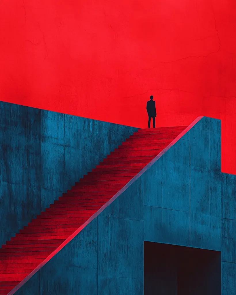 A lone figure in a suit stands at the top of a red staircase leading up to a blue concrete structure. The backdrop is a solid red wall. The minimalist composition and contrasting colors create a sense of mystery and isolation.  The figure's silhouette emphasizes their solitary presence. The stairs and the open doorway suggest a path forward.
