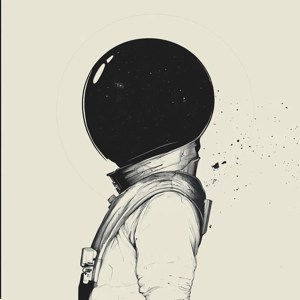 A black and white illustration of an astronaut in a spacesuit. The helmet is round and the visor is black and filled with stars. The astronaut's body is facing away from the viewer and they are standing in front of a background of black specks that resemble space dust. The image has a minimalistic and artistic feel.