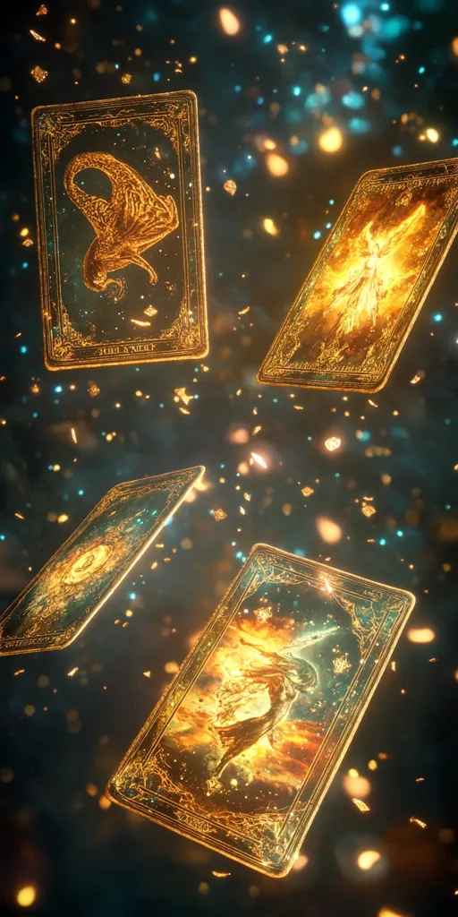 The image depicts four tarot cards, glowing with a golden light, against a dark background speckled with glittering particles.  The cards are spread out, seemingly floating in mid-air, with detailed illustrations visible on each, suggesting a mystical or magical theme. The image is evocative of a scene from a fantasy or occult-themed story.
