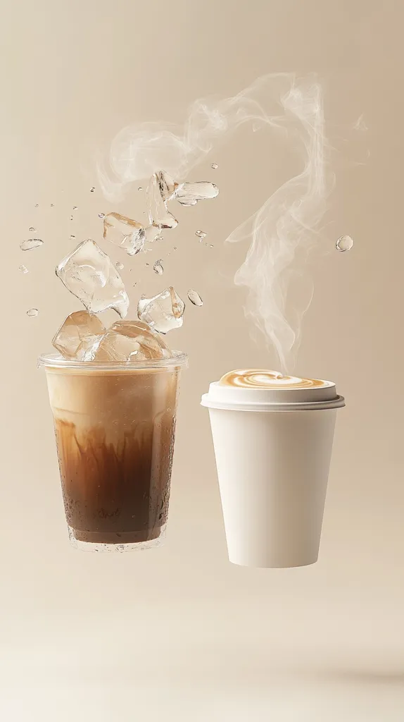 A glass of iced coffee with ice cubes and a white cup of hot coffee with steam rising from it. The beverages are isolated on a light beige background. The image highlights the contrast between hot and cold coffee.