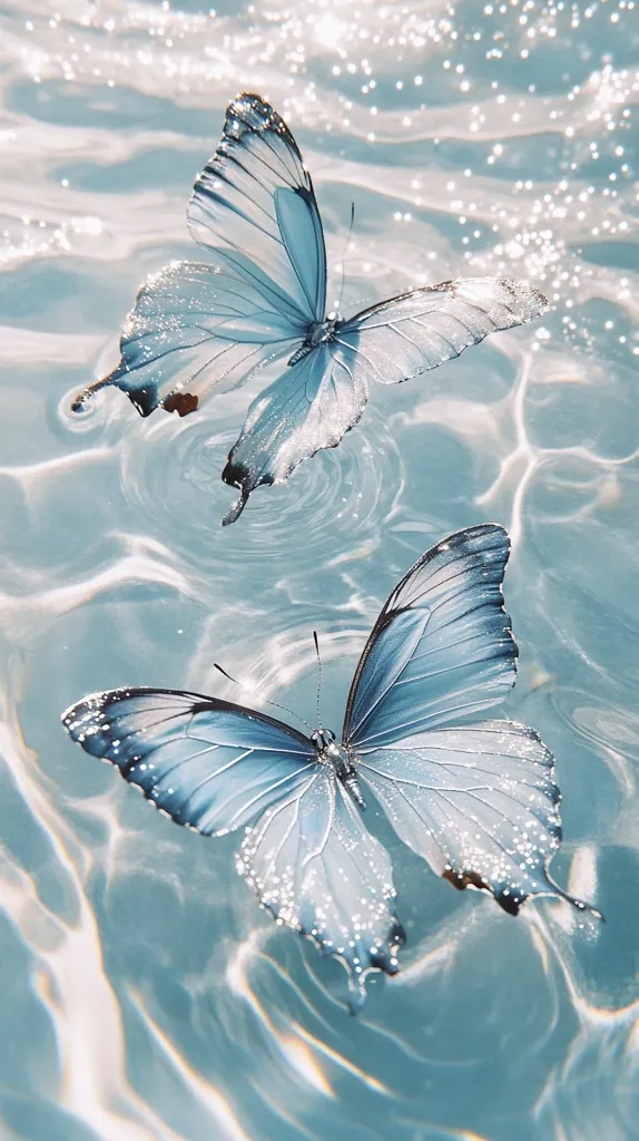 Two delicate blue butterflies with sparkling wings gracefully float on the surface of calm, shimmering water. The water reflects the sunlight, creating a dreamy and ethereal atmosphere. The butterflies appear to be weightless, as if they are dancing on the water's surface. Their beauty and fragility are enhanced by the serene surroundings, creating a captivating scene.