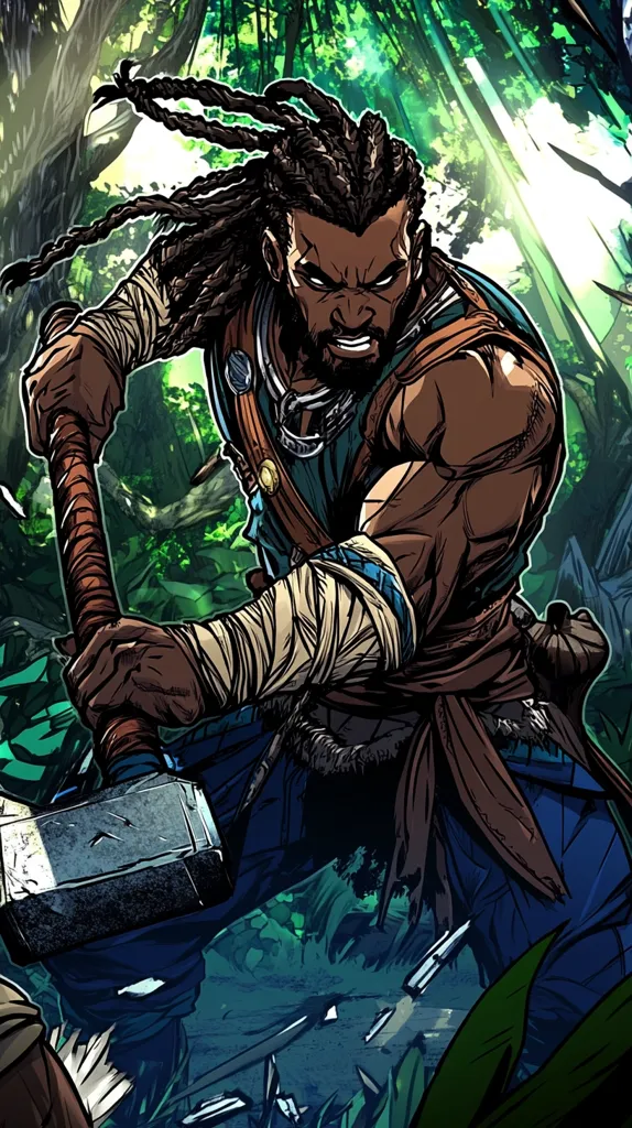 The image depicts a muscular, dark-skinned warrior with long dreadlocks, wielding a large hammer. He is clad in a dark blue tunic and brown pants, with leather wraps on his forearms. The warrior's face is fierce, with a determined expression and a strong jawline. The background is a blur of green foliage and light, suggesting a dense forest setting. The image conveys a sense of power and strength, with the warrior ready for battle.