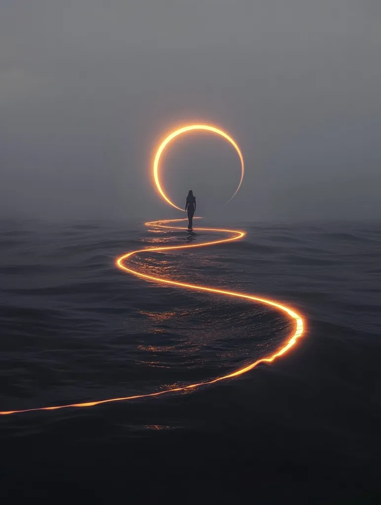 A lone figure walks towards a glowing ring in the sky, which creates a path of light across the water. The image evokes a sense of mystery and the pursuit of something unknown. The darkness of the background enhances the luminescence of the path and the ring, creating a mesmerizing contrast.