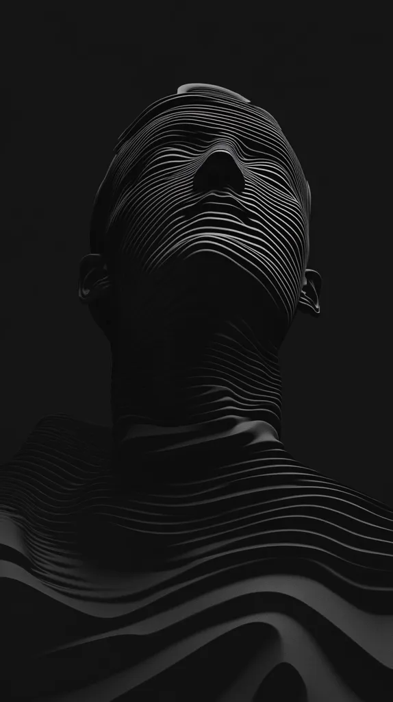 A black and white image of a human face made from curved lines. The face appears to be tilted upwards, with eyes closed and mouth slightly open. The lines create a sense of depth and dimension, making the face appear almost sculptural. The image is minimalist and abstract, focusing on the form and texture of the face. The dark background creates a sense of mystery and intrigue.