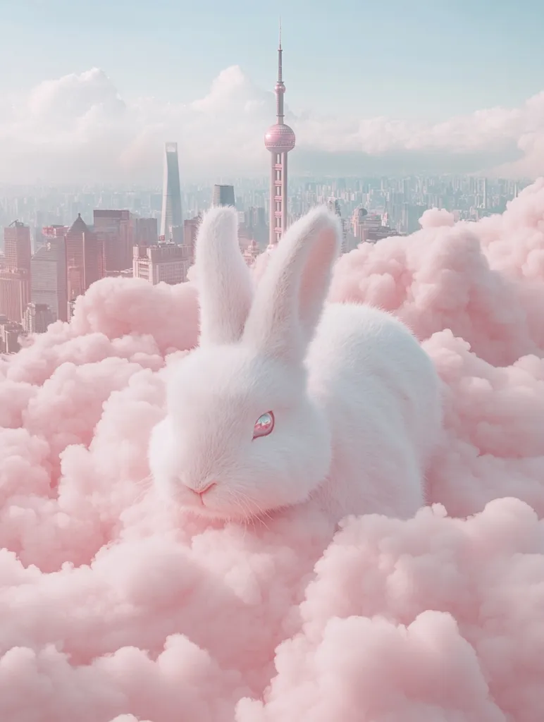 A fluffy white rabbit with pink eyes sits atop a cloud in a dreamy pink landscape. In the distance, a tall skyscraper pierces the sky, hinting at a hidden city below. The overall scene evokes a sense of whimsical innocence and ethereal beauty.