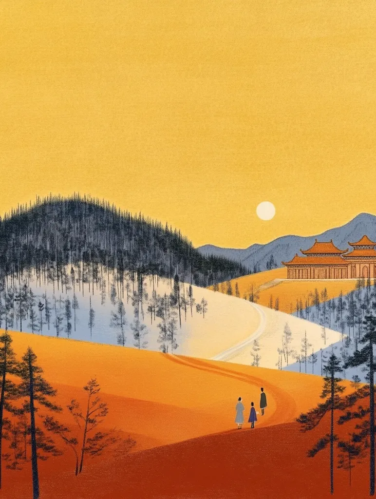 The image depicts a serene landscape with a golden sky, a winding road, and three figures walking in the distance.  A large, traditional-style building rests on a hillside, surrounded by green and blue trees.  The scene exudes a peaceful and contemplative mood, evoking a sense of tranquility.