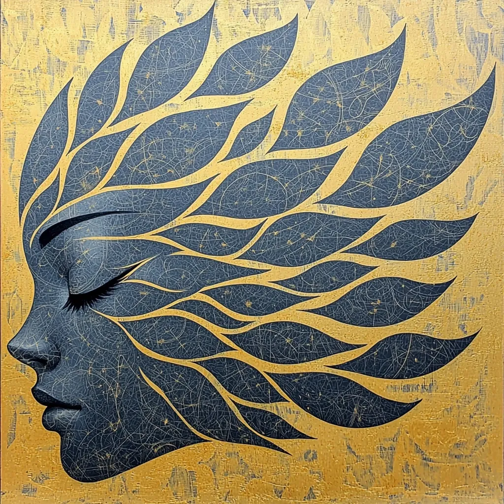 The image is an abstract painting of a woman's face. The face is partially obscured by a large, stylized leaf motif that is made up of many smaller leaves, resembling flowing hair. The leaves are outlined in black and filled with a dark blue color, while the background is a muted yellow, reminiscent of gold. The artist has incorporated a crackled texture, which adds depth and visual interest. The overall impression is one of beauty, mystery, and the interconnectedness of nature and human form.