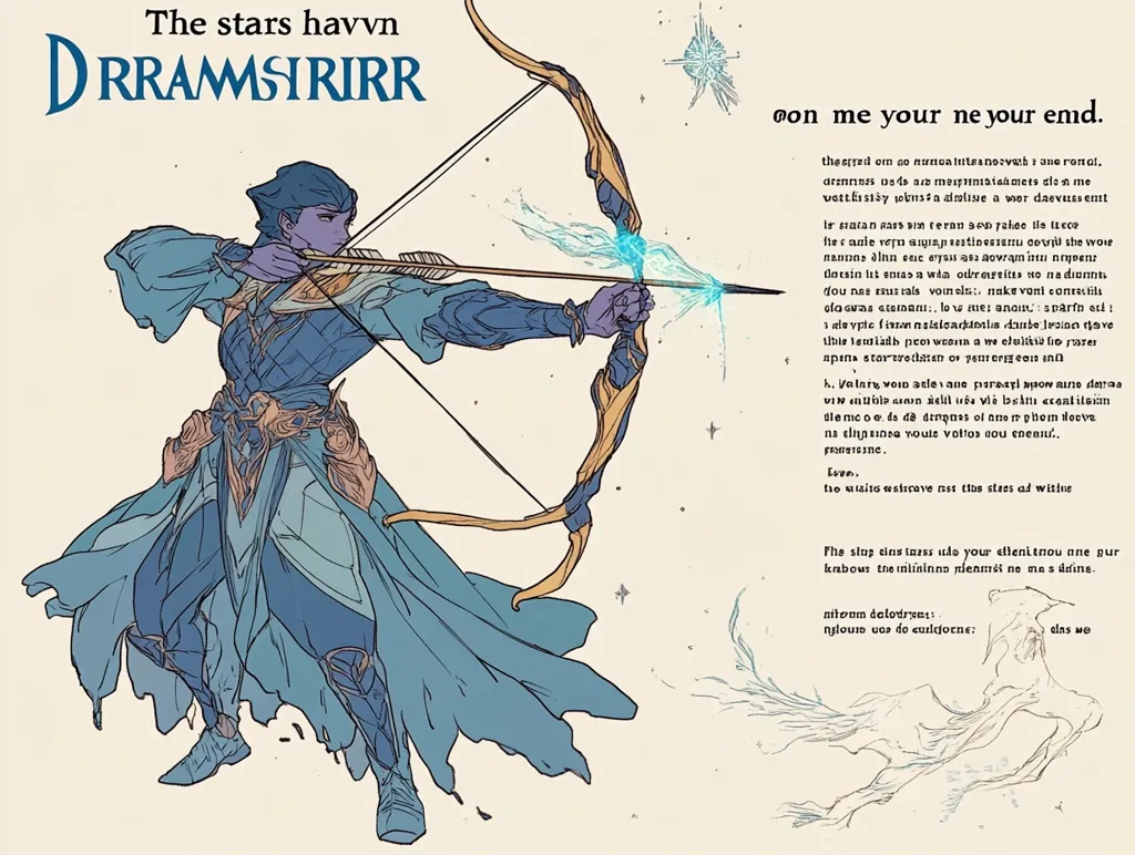 The image depicts a blue-haired archer with a bow and arrow, dressed in ornate blue clothing. The archer's arrow is pointed upward, with a glowing blue trail extending from the arrowhead. The background features a text box filled with a mysterious, fantastical story written in a foreign language.  The image evokes a sense of wonder and adventure, with a touch of magic.