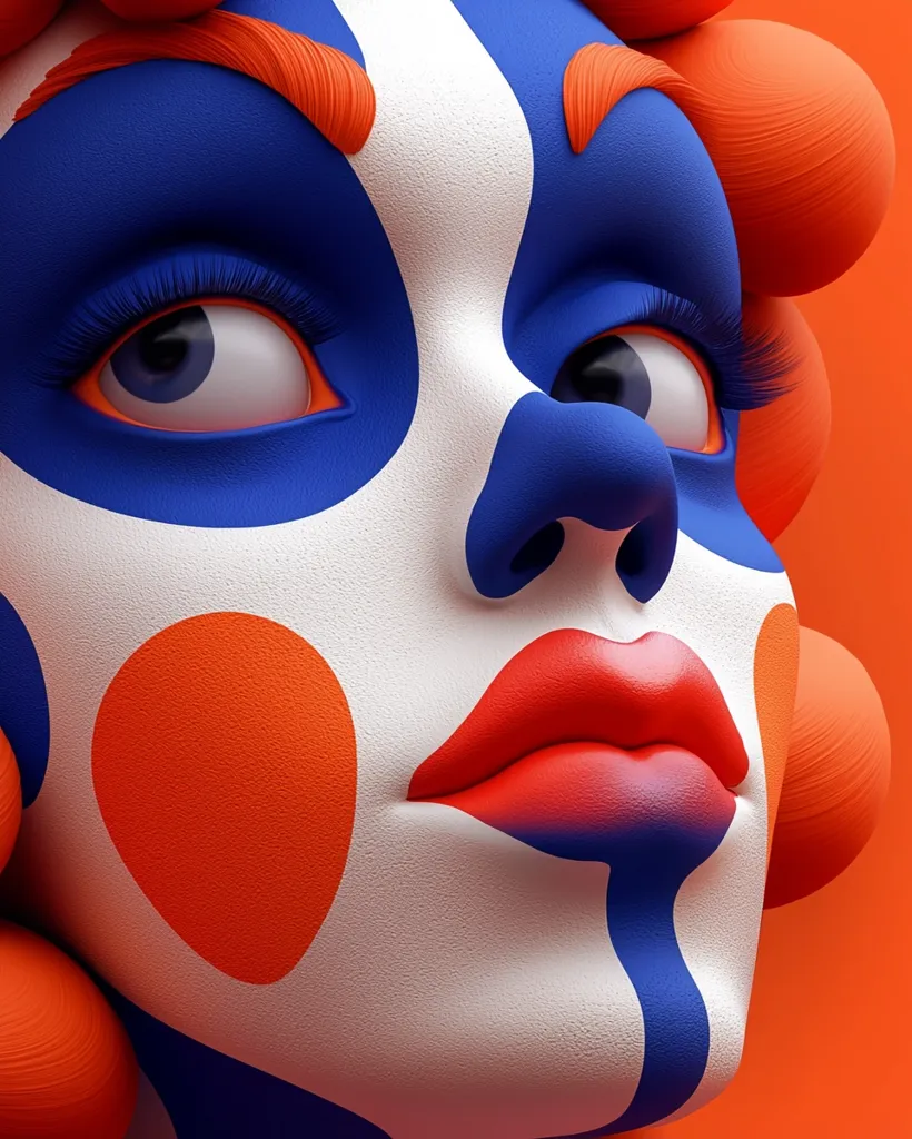 A close-up of a stylized face with white skin, blue and orange makeup, and a large red mouth.  The subject has large blue eyes with white pupils. There are orange circles on the face. The background is blurred and orange. The image is highly stylized and digitally rendered.
