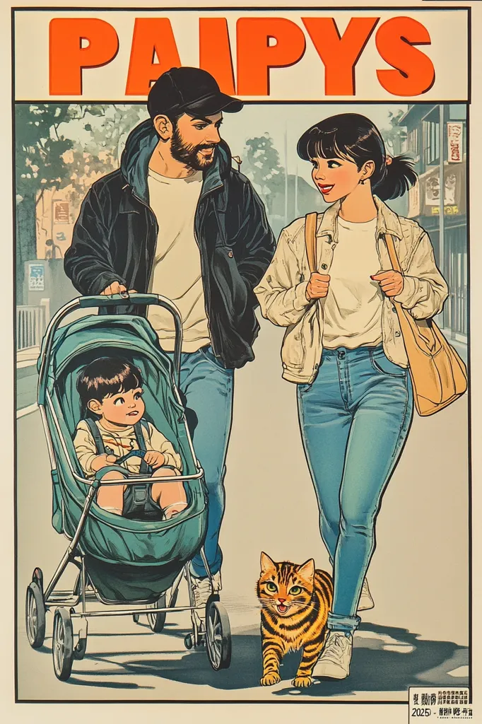 The image shows a family walking down a street in Japan. A man with a beard pushes a stroller with a young child inside, while a woman walks beside him. A cat walks in front of them. The image is drawn in a manga style, with vibrant colors and expressive characters. The words "PAIPYS" are displayed in a large font at the top of the image, likely the name of a brand or product. The scene is lively and cheerful, capturing the joy of family life.