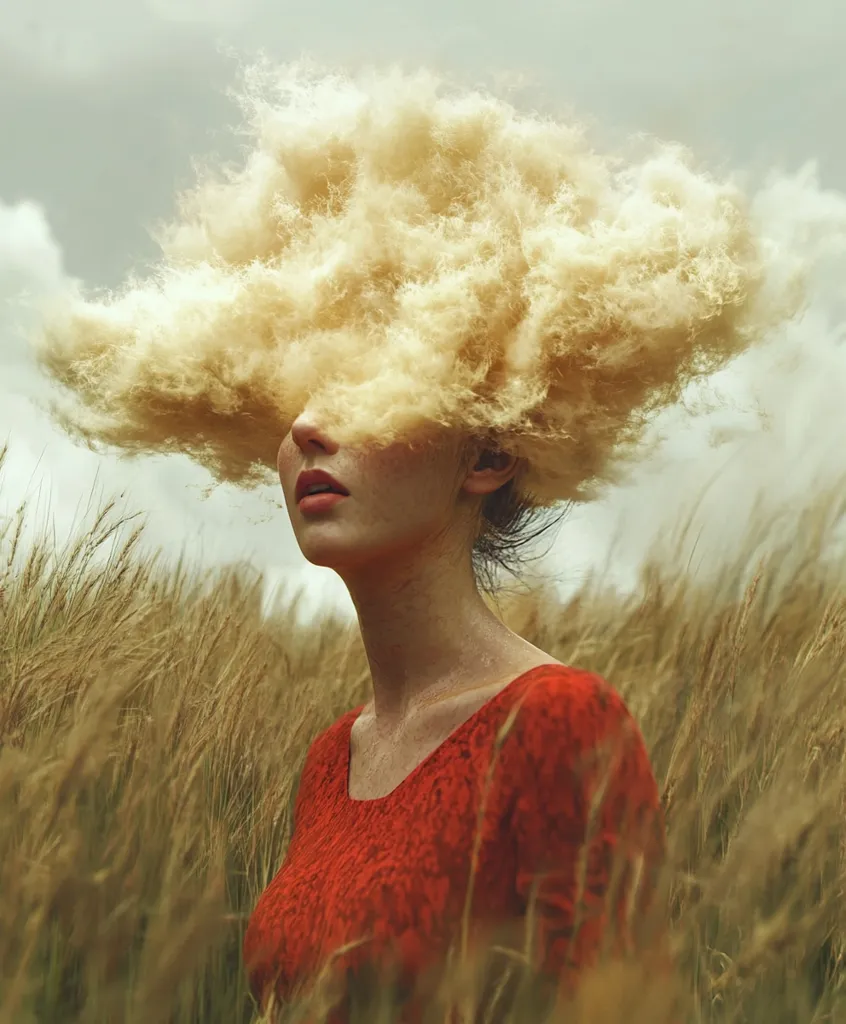 A woman stands in a field of tall grass, her face obscured by a large cloud of golden feathers. The cloud is shaped like a crown, and it appears to be floating above her head. The woman is wearing a red dress, and her expression is serene. The background is a hazy sky, and the overall atmosphere is one of mystery and wonder.