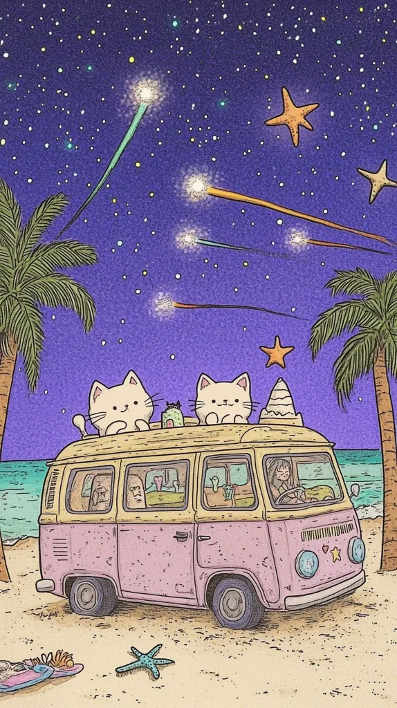 A pink and yellow van with two cats sitting on the roof is parked on a beach under a starry night sky. There are palm trees and shooting stars in the background, with one of the stars landing on the van's roof. A girl is driving the van. The overall scene is whimsical and cute.