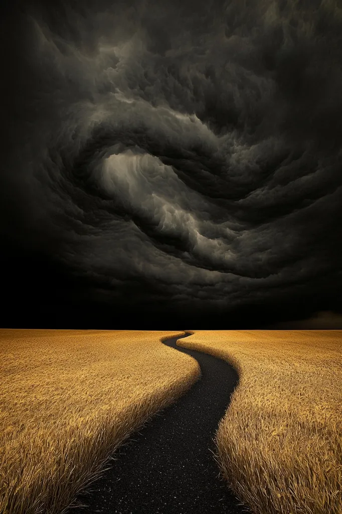 A winding path cuts through a field of golden wheat, disappearing into the distance under a dramatic, swirling sky. The clouds are dark and imposing, creating a sense of mystery and anticipation. The contrast between the bright yellow wheat and the dark clouds creates a striking visual effect.