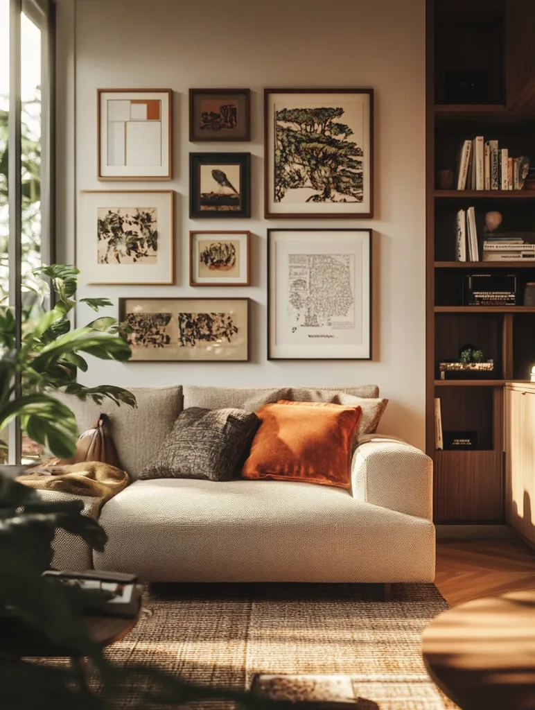 A white couch with a light brown rug sits in front of a wall filled with framed art and a window. The artwork includes nature scenes, abstract pieces, and a map.  A wooden bookcase with books and decor lines the right side of the image. Natural light casts a warm glow on the room.