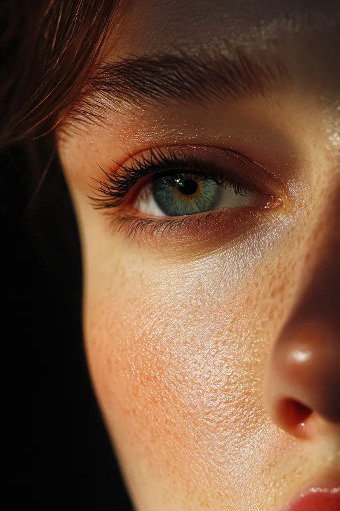The image shows a close-up of a woman's face, focusing on her right eye. The eye is large and blue, with long eyelashes and a subtle shimmer of light reflecting off the skin. The image captures the beauty of a single detail, highlighting the delicate textures and colors of the human face. The focus on the eye creates a sense of intimacy and invites the viewer to connect with the subject.
