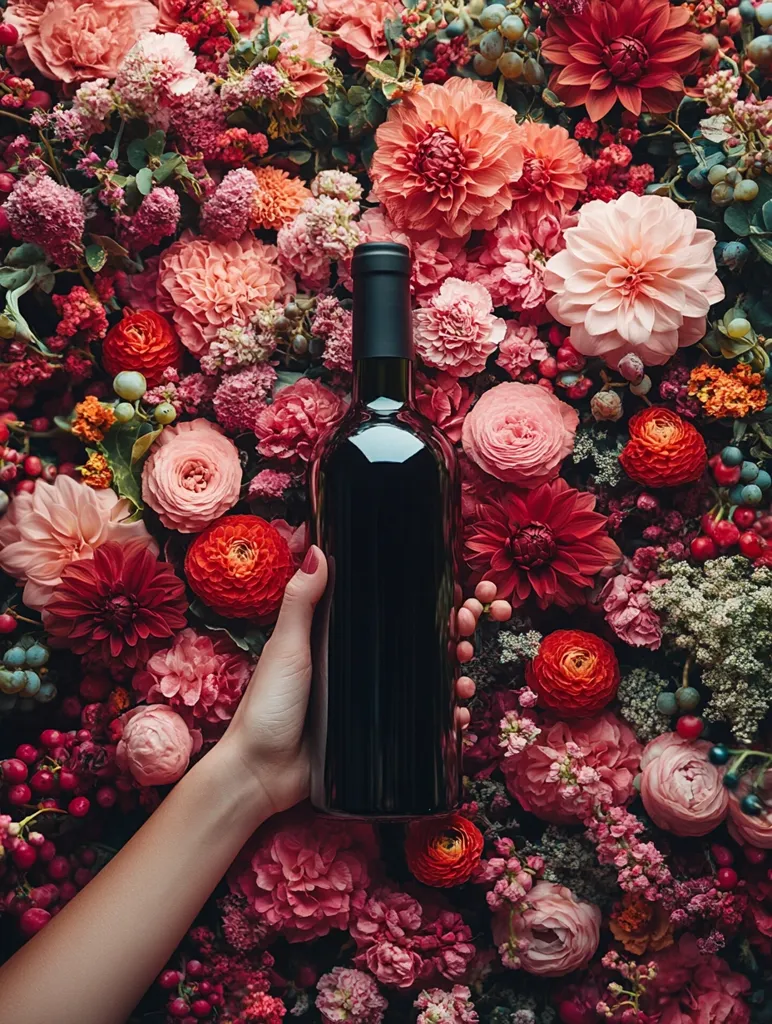 A hand holds a bottle of red wine in front of a vibrant background of pink, red, and white flowers. The bottle is dark and opaque, reflecting the deep color of the wine within. The image is a celebration of the beauty of both nature and the art of winemaking.