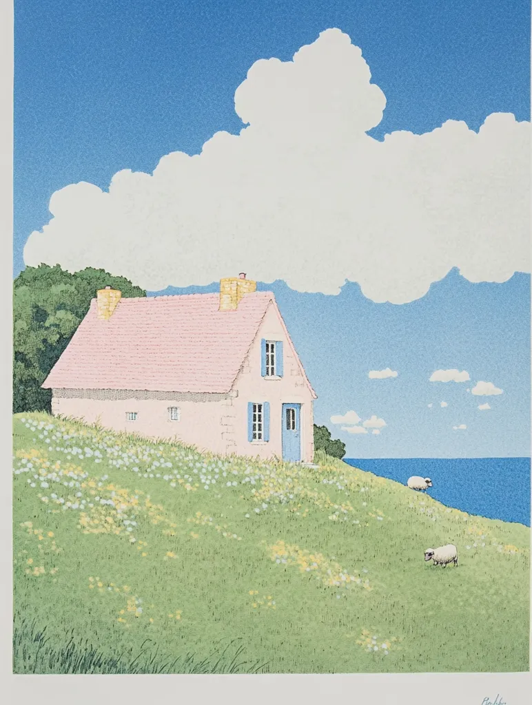 The image is a painting of a pink cottage perched on a grassy cliff overlooking the ocean.  The sky is a bright blue with a large white fluffy cloud.  The grass is green and covered in tiny flowers.  There are two sheep grazing in the field. The cottage has a blue door and white windows.  The painting has a serene and peaceful atmosphere.