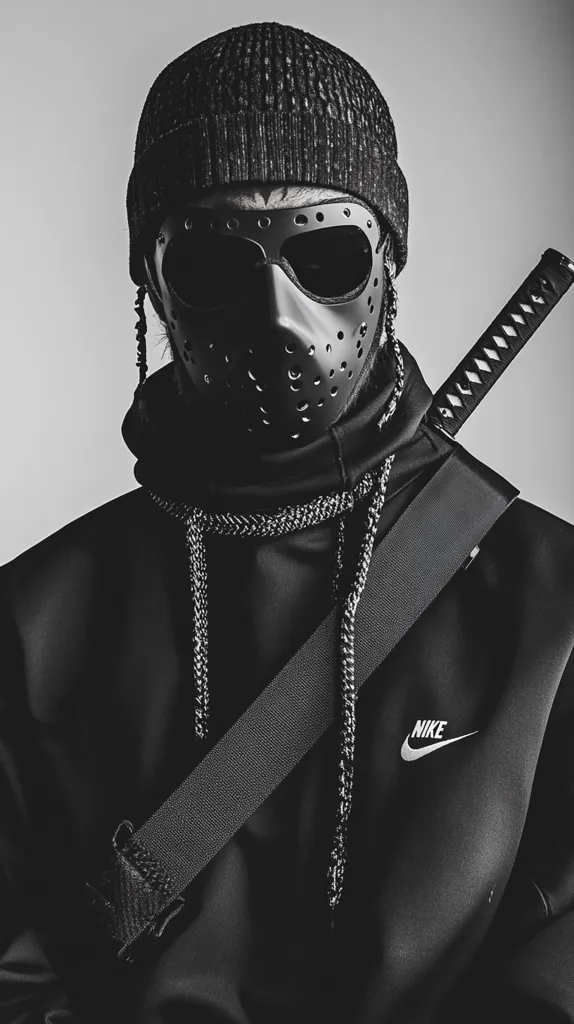 A person wearing a black beanie, a black hoodie, a black face mask with holes and a black strap across their chest.  The person is wearing a black and silver Nike logo on the hoodie. The person is holding a katana sword in the background.  The image is in black and white.