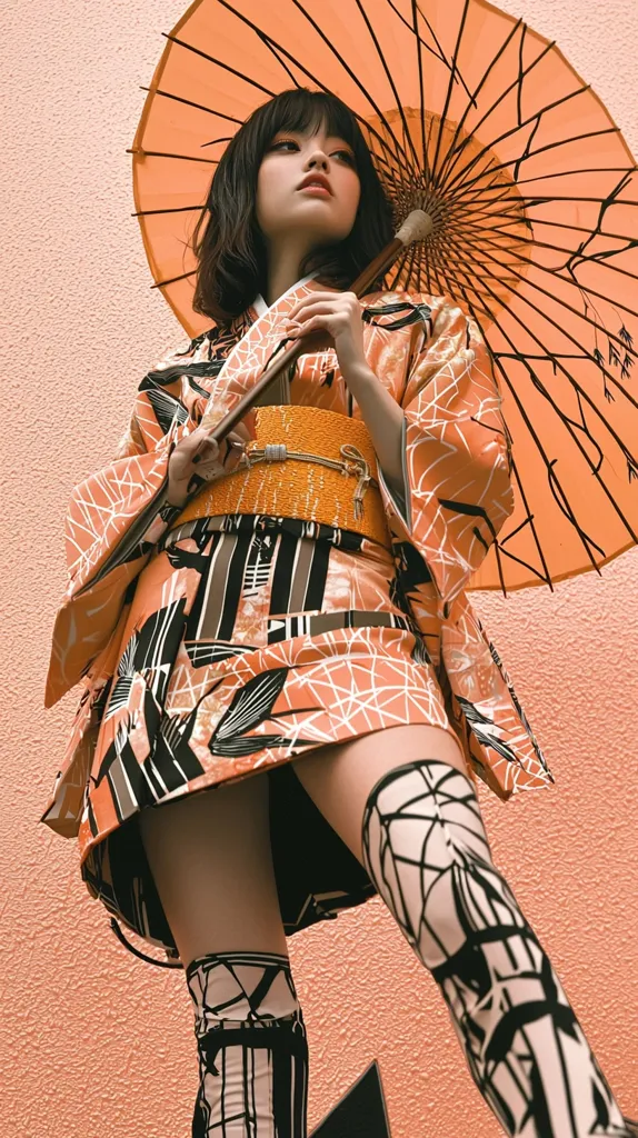 A young woman in a vibrant orange and black kimono and thigh-high stockings holds a large orange and black parasol above her head. Her expression is serious and she stares upward, her hair falling around her shoulders.  The background is a plain orange wall.  The image is a striking combination of traditional Japanese style and modern fashion.