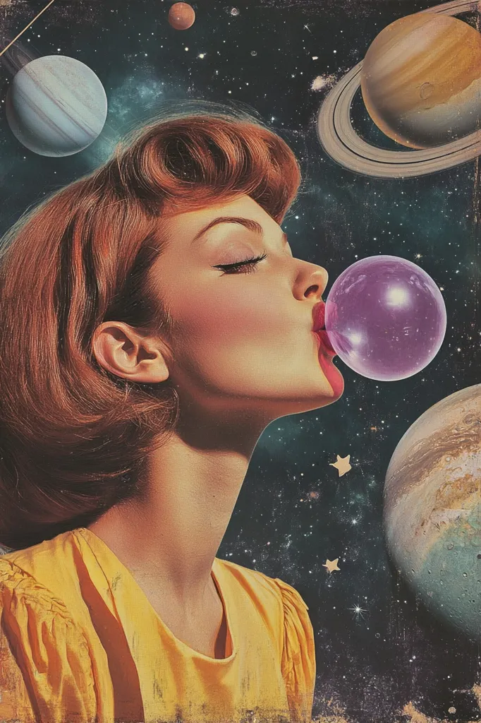 A woman with red hair, wearing a yellow shirt, blows a bubble gum bubble.  She is framed by a vast, cosmic background featuring planets, stars, and a ringed gas giant. The artwork is a vibrant, surreal collage that evokes a sense of wonder and dreamscape.