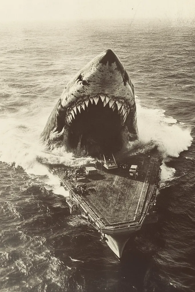 A giant, menacing shark with rows of sharp teeth bursts from the water, its enormous mouth open wide. The shark's head appears to be the size of a large ship. The shark's head is in front of an aircraft carrier, the ship's deck barely visible behind the shark's massive jaw. The photo is in black and white and has a vintage feel.  The image suggests a scene of intense danger and a desperate battle for survival.