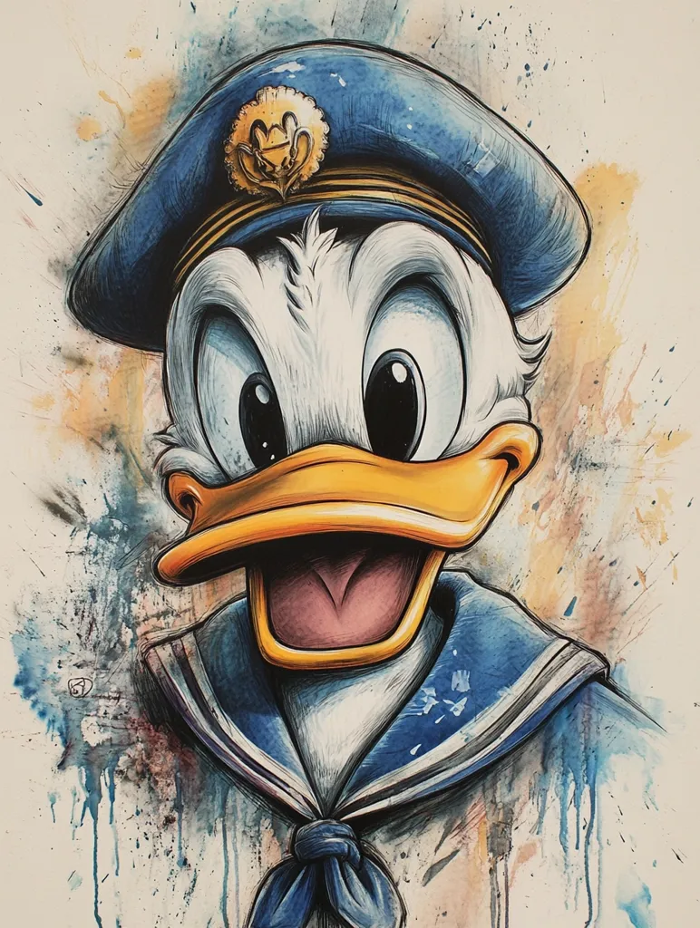 The image is a cartoon illustration of Donald Duck dressed as a sailor. He is wearing a blue sailor hat with a gold insignia, a white shirt, and a blue sailor collar with a white trim. He has a wide, toothy grin and his eyes are wide open. The background is a watercolor wash of blue, yellow, and white. The image is drawn with a lot of detail and texture. The overall feeling of the image is playful and cheerful.