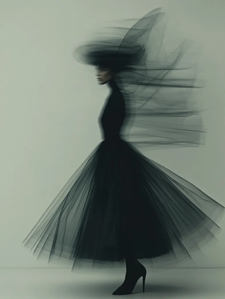 A woman in a black tulle dress and high heels stands with her head tilted down and her hair flowing outwards. She is posed against a light grey background. The image has a soft, ethereal quality due to the use of blur and the soft light. The woman's silhouette is mostly obscured by the layers of tulle, creating a sense of mystery.