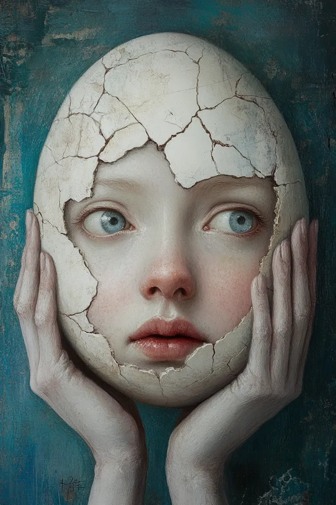 The image depicts a young woman with a cracked egg-like face, suggesting fragility and vulnerability. Her hands cradle her face, as if trying to hold it together. The background is a textured teal, enhancing the surreal and ethereal nature of the piece. The painting evokes a sense of mystery and introspection, hinting at a story of internal struggle.