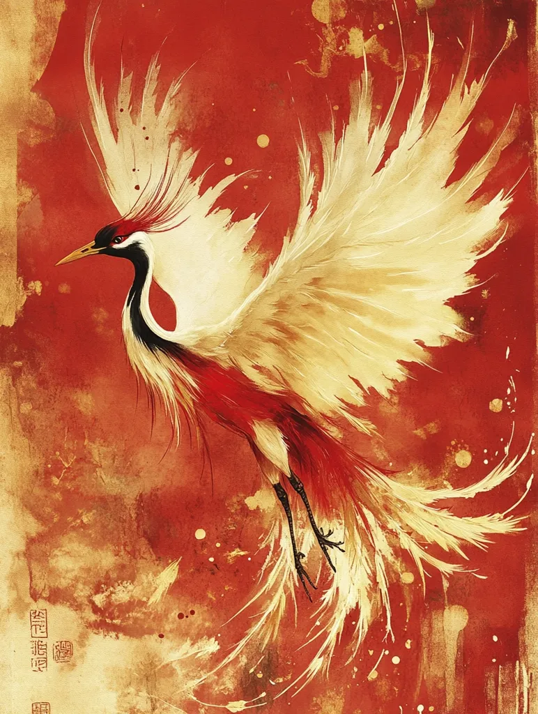 A stylized, mythical bird with a long, slender neck, black eyes, and red and white feathers spreads its wings against a red and gold background.  The bird's feathers are feathery and flowing, creating a sense of motion and energy.  There are splotches of gold paint throughout the image, suggesting the bird's feathers are made of gold.  The bird is a symbol of beauty, strength, and hope.  The image is likely inspired by traditional Asian art.