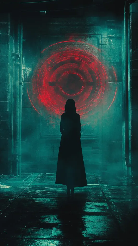 A shadowy figure stands in a dimly lit, abandoned building, shrouded in an ethereal glow. A large, red circle, reminiscent of a portal or a symbol, hangs in the background. The figure is dressed in a long, flowing black cloak, their face obscured by the darkness. The atmosphere is eerie and mysterious.