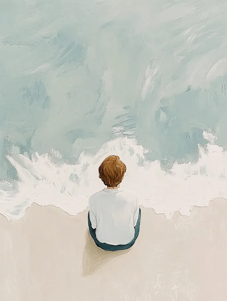 A painting of a lone figure sitting on a sandy beach, facing the ocean. The figure has brown hair and is wearing a white shirt and blue pants. The waves are depicted in a light blue and white color, creating a sense of calm and solitude. The painting is simple yet evocative, capturing a moment of quiet contemplation by the sea.