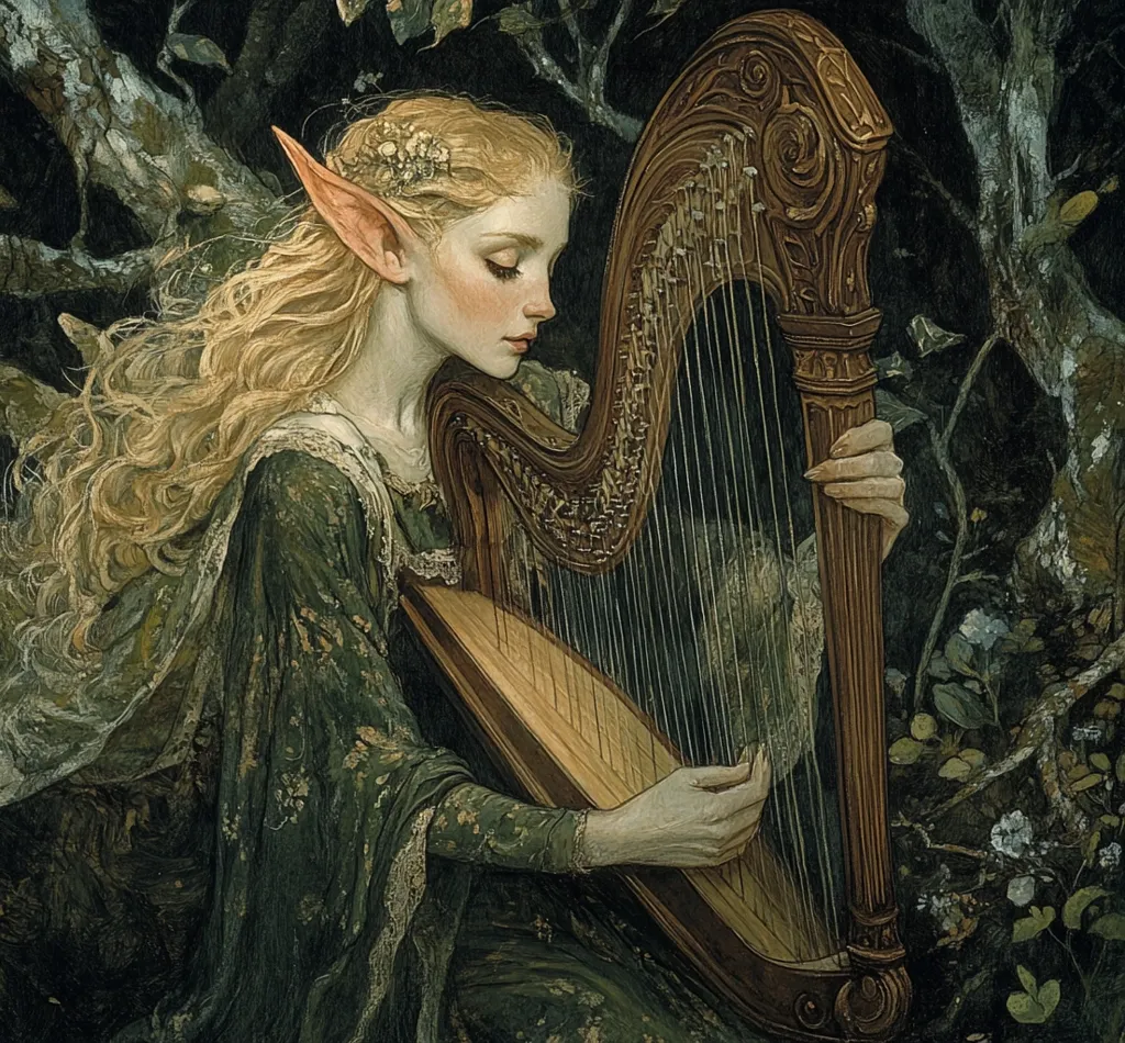 A young woman with pointed ears and long blonde hair sits in a forest, playing a harp. Her dress is a deep forest green, and the harp is intricately carved and adorned with flowers. The woman's expression is serene as she strums the harp, creating a melody that echoes through the trees. The light filtering through the leaves casts a dappled pattern on the forest floor. The overall mood of the image is one of peace and tranquility.
