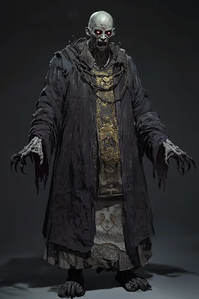 A monstrous figure with pale skin and glowing red eyes stands menacingly. It wears a tattered black robe with a gold-trimmed undershirt, its clawed hands reaching out from the sleeves. Its facial expression is one of sinister malice, hinting at a dark and malevolent nature. The figure seems to be a creature from a nightmare, its presence radiating an eerie and unsettling aura.  The image's dark background emphasizes the figure's monstrous nature.