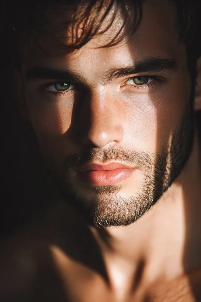 The image shows a close-up portrait of a young man with dark hair and a beard. He has a strong jawline and piercing green eyes. He is looking directly at the camera, and there is a slight smile on his lips. The lighting is soft and warm, and the image has a dreamy quality. The man's skin is smooth and healthy. His dark, tousled hair frames his face. The image evokes a sense of masculinity and mystery.