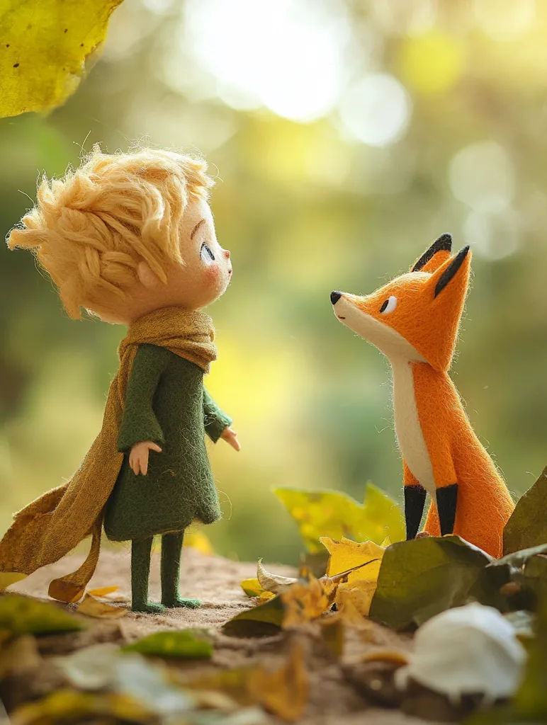 The Little Prince, a felt doll with blonde hair and a green coat, stands in a forest setting.  He is looking at a felt fox, with an orange body and white muzzle, standing on fallen leaves. The backdrop is a soft, out-of-focus background with autumnal colors, suggesting a warm, magical scene. The two figures appear to be engaged in a quiet conversation.  The scene evokes a sense of wonder and imagination.
