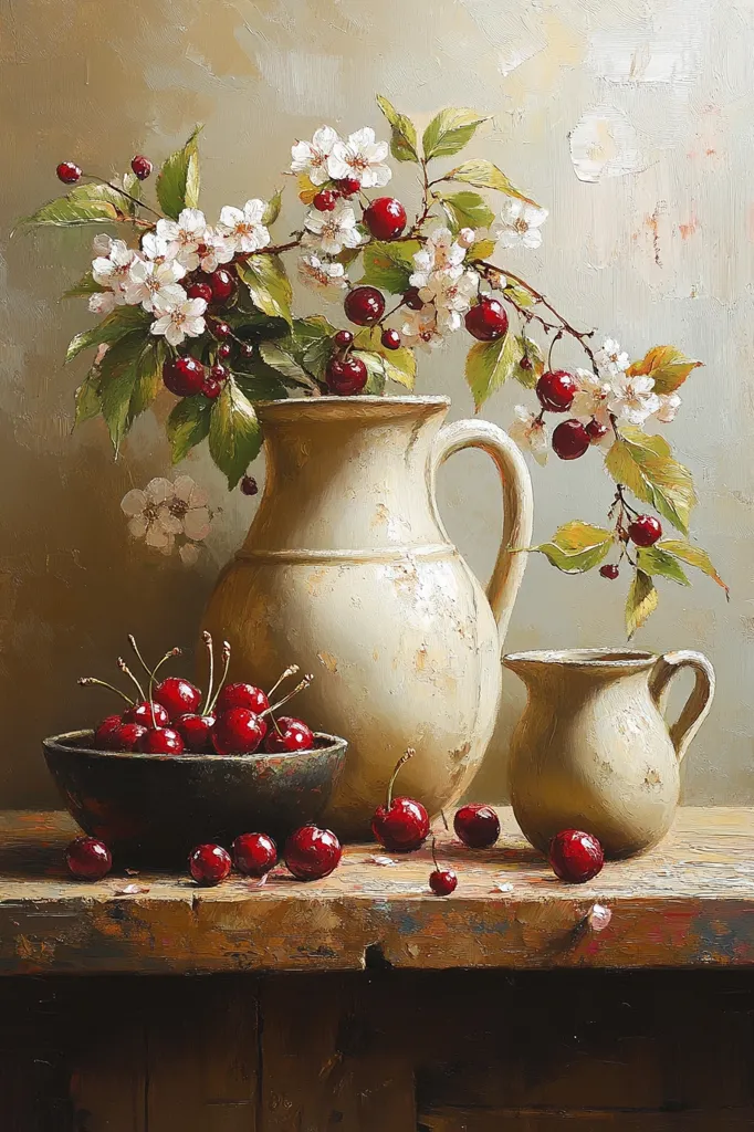 A still life painting depicts a rustic scene with a branch of cherry blossoms in full bloom. The blossoms cascade over the edge of a large, cream-colored pitcher, spilling onto a wooden table. Scattered cherries and a smaller pitcher sit on the table, creating a sense of tranquility and natural beauty. The warm tones of the painting evoke a sense of homeliness and charm.