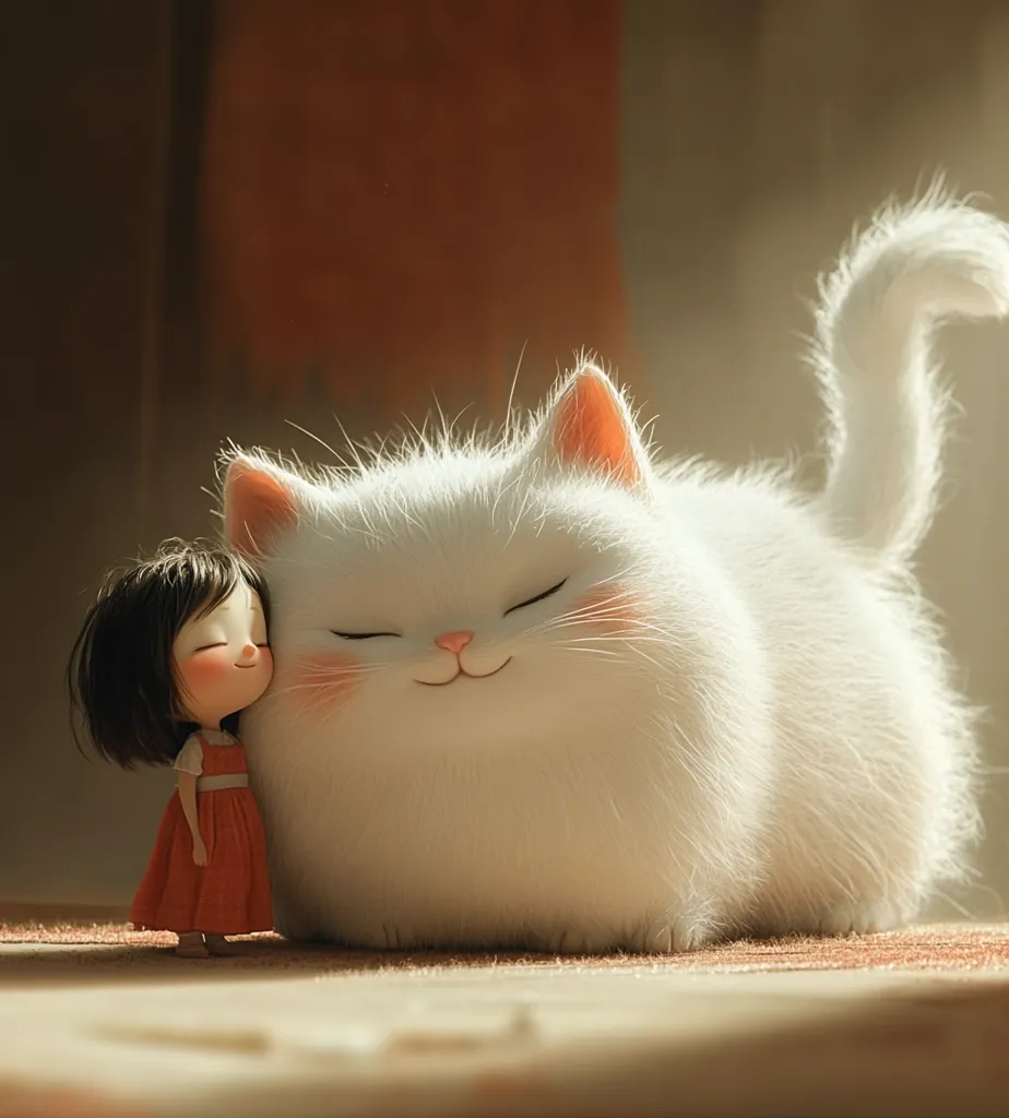 The image shows a cute, chubby white cat with its eyes closed and a sweet smile, laying on a soft brown surface. A small girl in a red dress stands beside the cat and leans her head against its furry side. The scene is warm and comforting, suggesting a close bond between the girl and her pet. The sunlight streaming through the window adds to the idyllic atmosphere.  The cat's fluffy tail curls around its body, making it even more adorable. The overall impression is one of pure joy and companionship.