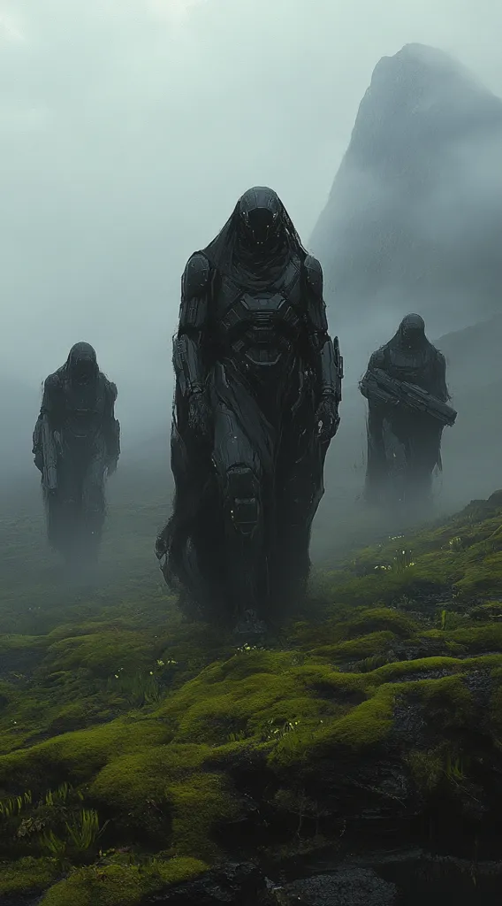 Three shadowy figures in hooded armor stand in a misty landscape. The figures are clad in black, their faces obscured by helmets. The ground is covered in lush green moss, and a large, rocky mountain looms in the background. The air is thick with fog, creating an eerie and mysterious atmosphere. The scene evokes a sense of isolation and impending danger.