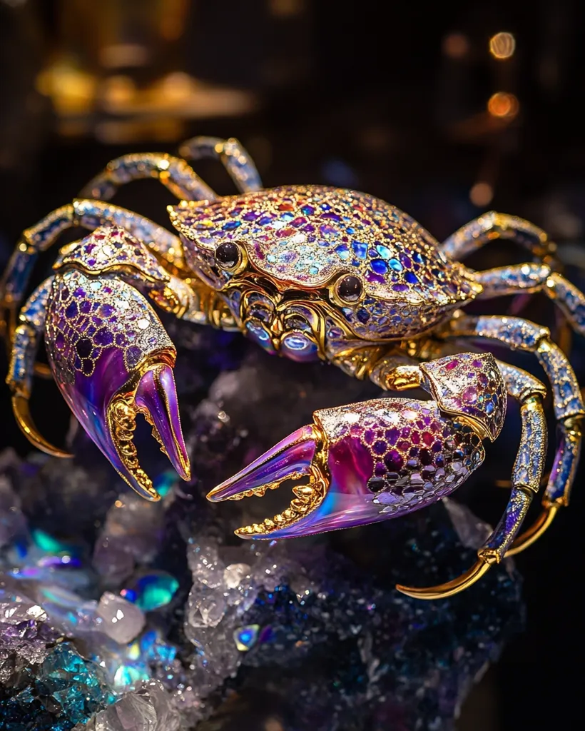 A meticulously crafted crab figurine, its shell adorned with iridescent purple and blue gemstones. Gold accents outline its detailed body, and its claws are poised to grasp. It rests on a bed of shimmering crystals, creating a visually stunning display of craftsmanship and artistry.