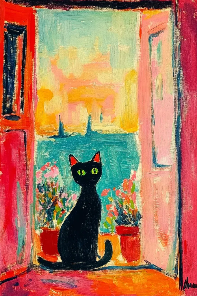 The painting depicts a black cat sitting on a windowsill, looking out at a colorful seascape.  The cat is rendered in a bold, stylized manner, with its green eyes and black fur standing out against the bright colors of the background.  The seascape is painted in broad strokes, suggesting a vibrant and impressionistic style.  The window is framed by a red and pink wall, further enhancing the sense of warmth and energy.  The overall effect is one of joyful, expressive abstraction.