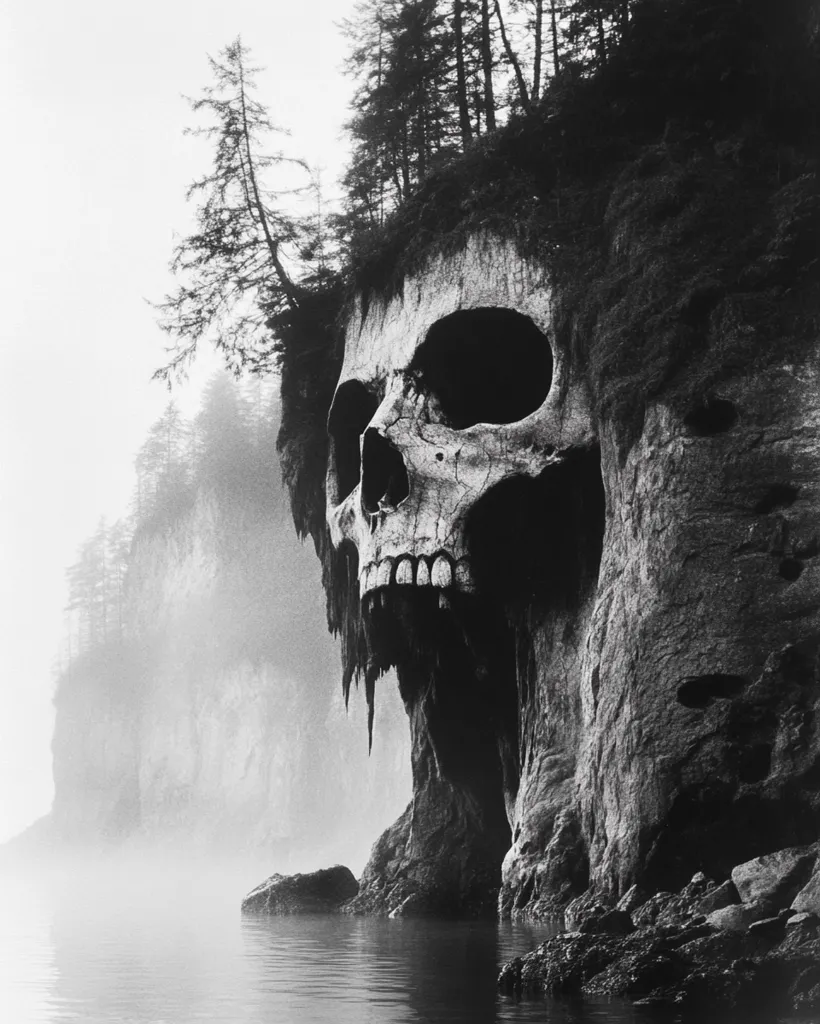 The image shows a cliff face that resembles a giant skull, with trees growing out of its top. The skull is facing the viewer, with its mouth open in a silent scream. The cliff is situated by a body of water, and the scene is shrouded in mist, adding to the eerie atmosphere. The image is in black and white, further enhancing the sense of foreboding.