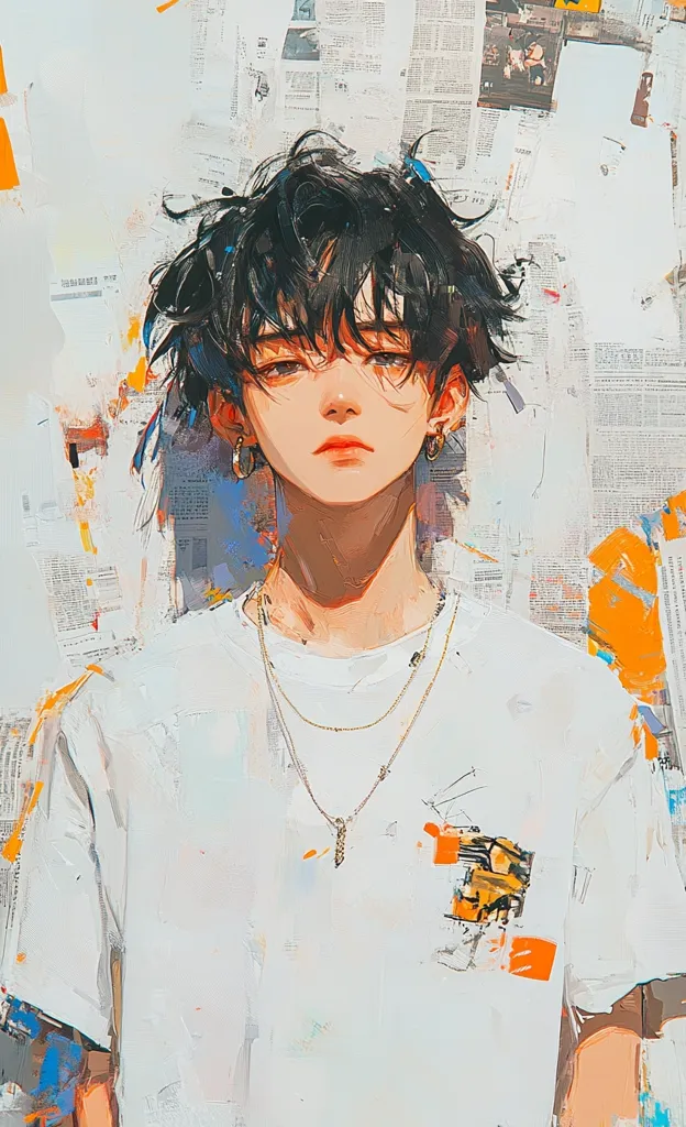 The image is a portrait of a young man with dark hair and a white t-shirt. He is standing against a backdrop of abstract textures resembling newspaper clippings and paint splatters. The young man's expression is serious and his gaze is fixed towards the viewer. He is wearing two gold chains around his neck, and one earring in his left ear. The image has an artistic and painterly feel, with vibrant colors and a sense of movement.  The overall mood is contemplative and mysterious.