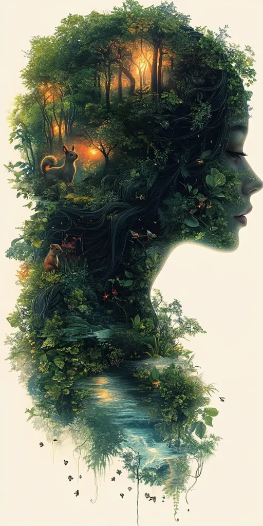 The image is a surreal depiction of a woman's profile formed by lush greenery.  Trees and foliage blend with her hair, creating a sense of unity with nature. Sunlight peeks through the leaves, casting a warm glow. A small creek winds through the landscape, and a squirrel sits on a rock.  Tiny birds and butterflies flit around the scene, adding to the enchanting atmosphere.  The image suggests a connection between humanity and the natural world.