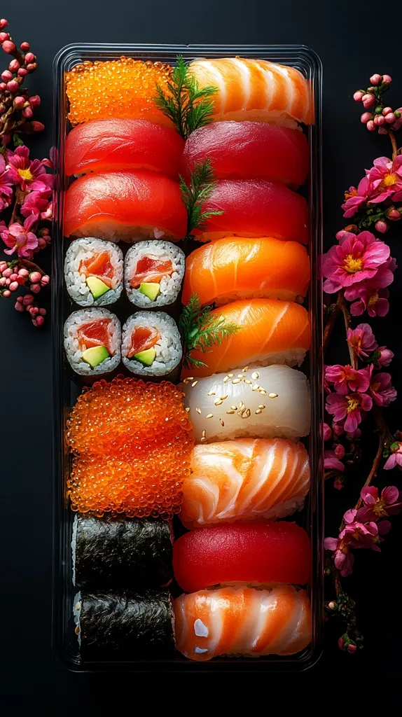 A plastic container filled with an assortment of sushi, including nigiri with salmon, tuna, and yellowtail, as well as maki rolls with avocado and salmon. There are also pieces of uni and ikura (sea urchin and salmon roe). The sushi is arranged neatly in rows and is garnished with a sprig of dill. The container is set against a black background, with pink cherry blossoms on either side.